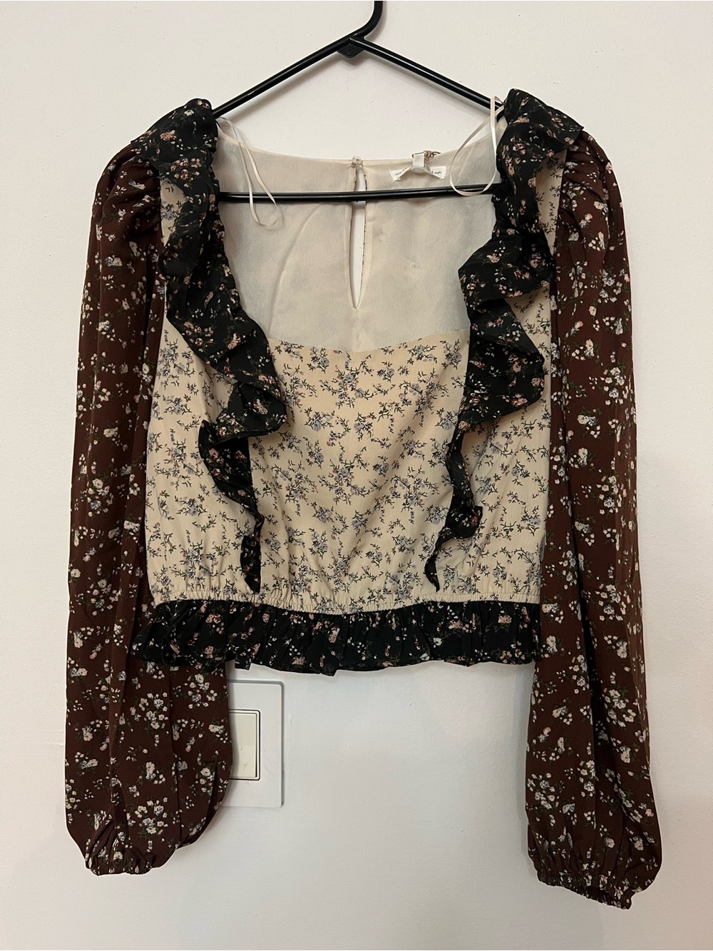 Free the Roses Brown and Cream Floral Ruffle Crop Top